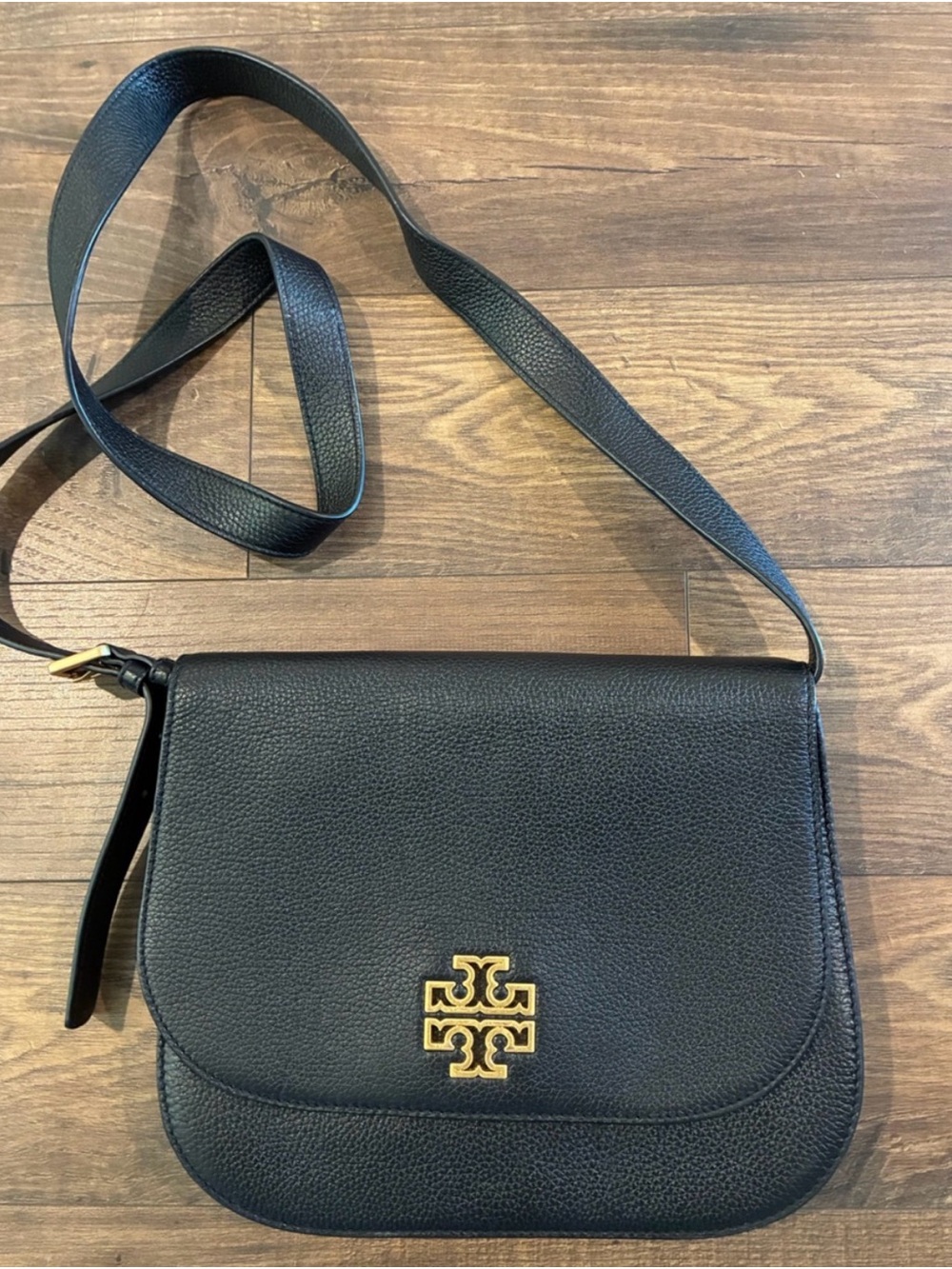 Tory Burch Britten Black Leather Crossbody with Gold Logo Hardware